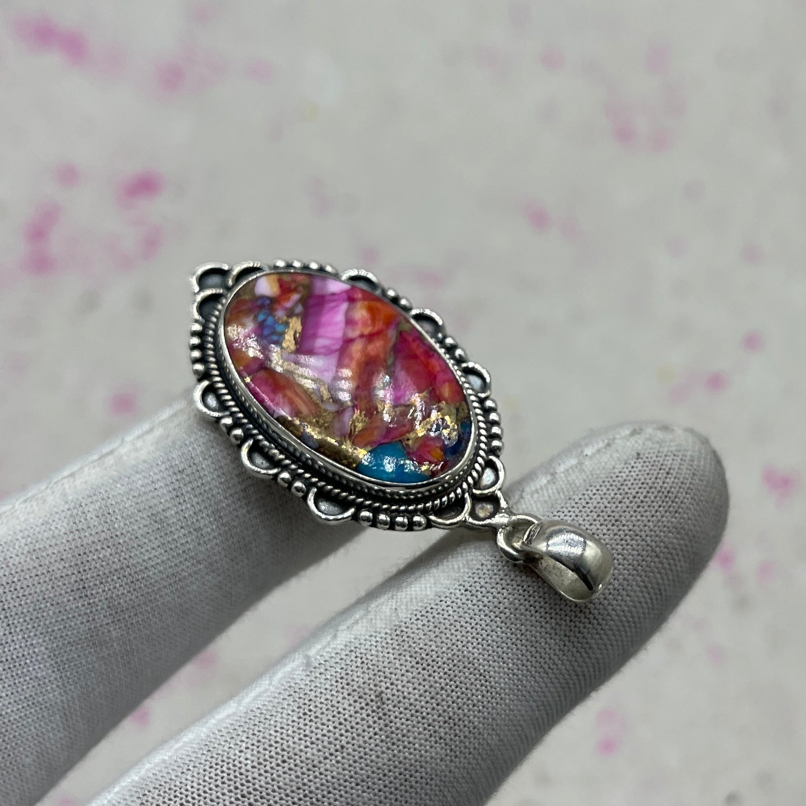 Pink Dahlia Turquoise 925 Sterling Silver Pendant – Handmade Bohemian Jewelry