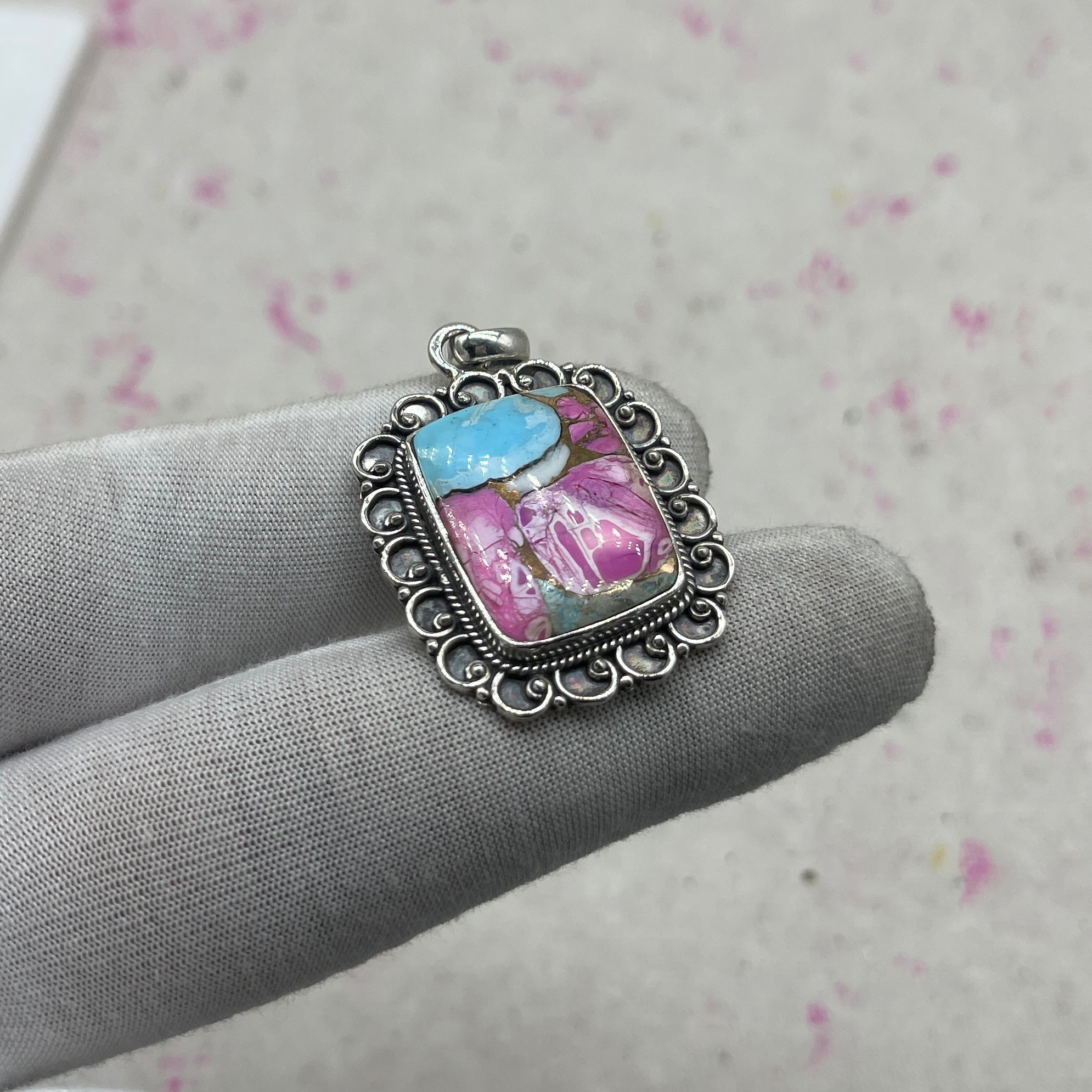 Cotton Candy Turquoise 925 Sterling Silver Pendant – Artisan Boho Southwestern Style Jewelry