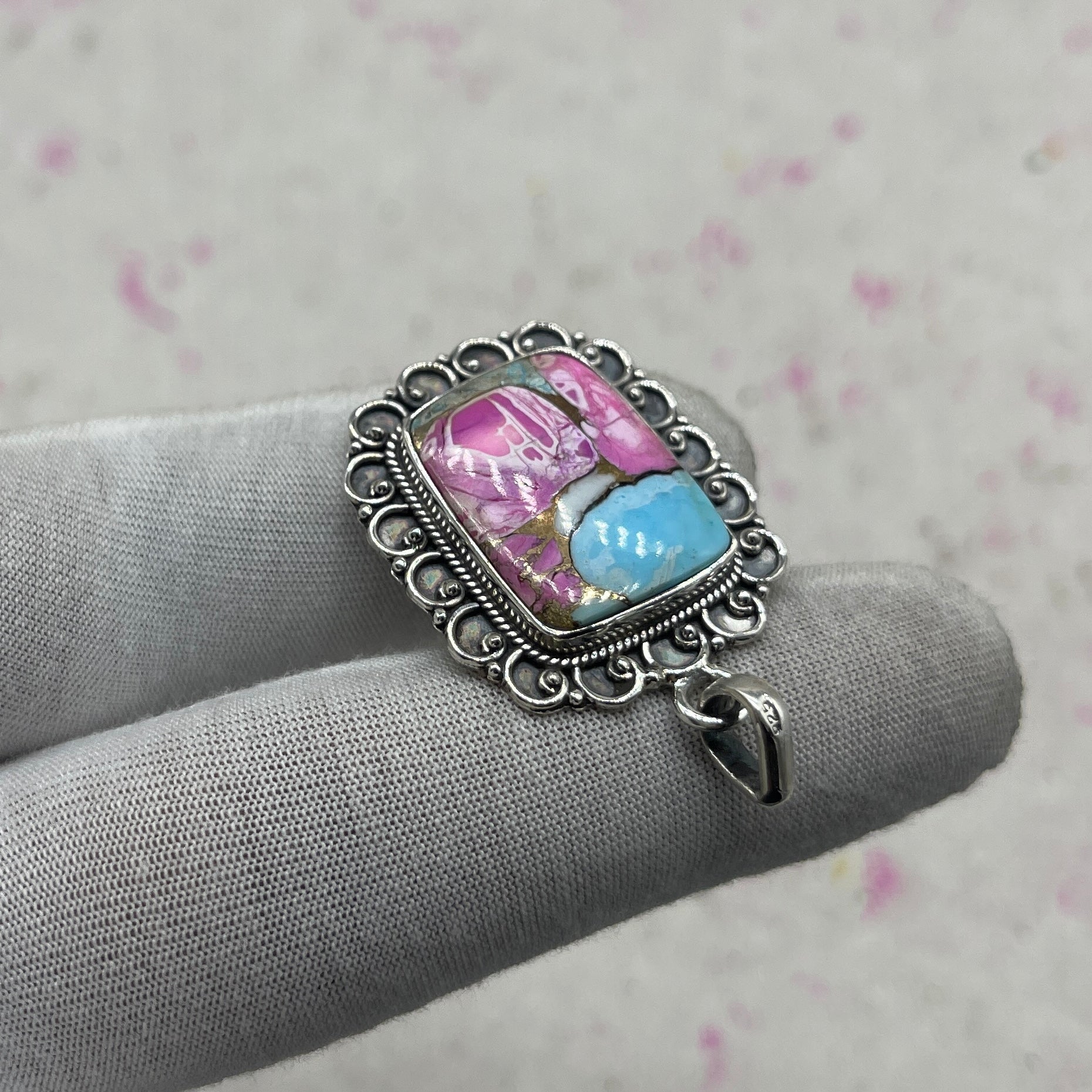 Cotton Candy Turquoise 925 Sterling Silver Pendant – Artisan Boho Southwestern Style Jewelry