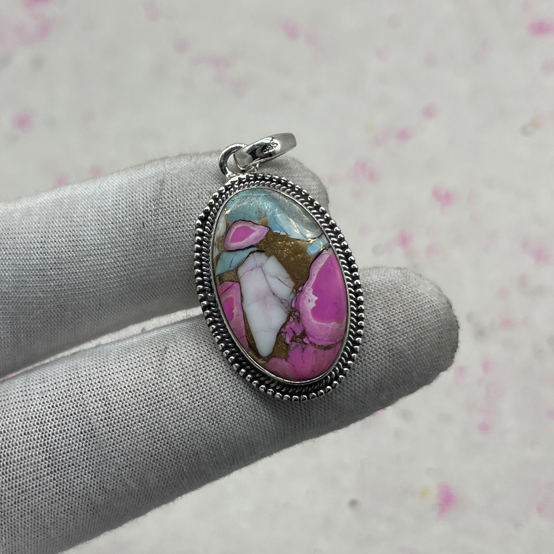 Cotton Candy Turquoise 925 Sterling Silver Pendant – Unique Boho Pendant
