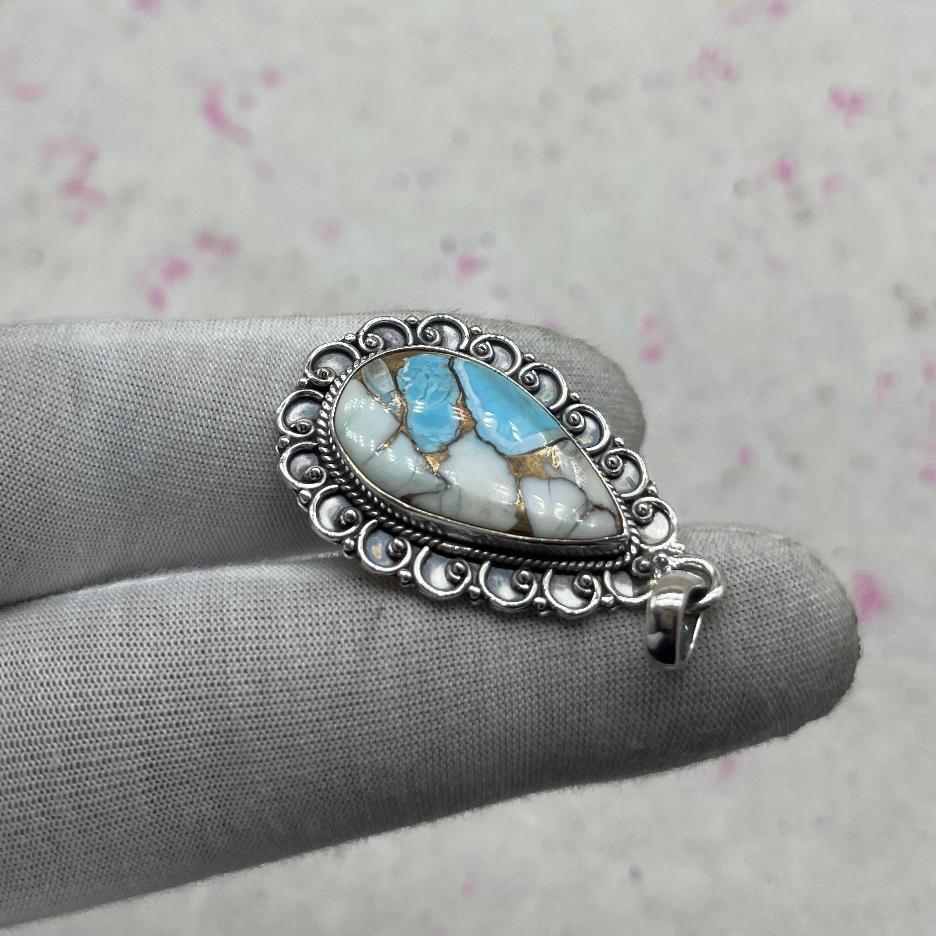 Cotton Candy Turquoise 925 Sterling Silver Pendant – Handmade Festival Jewelry