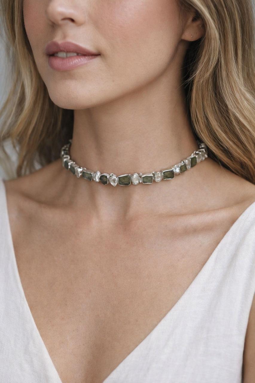 925 Sterling Silver Moldavite & Herkimer Diamond Choker Necklace – Raw Gemstone Jewelry