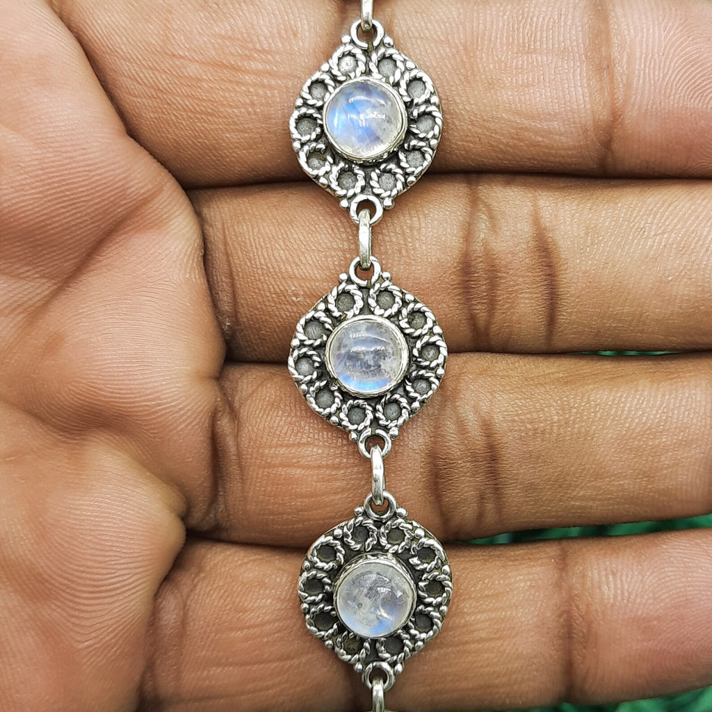 Bohemian Design Vintage 925 Sterling Silver Handmade Rainbow Moonstone Bracelet