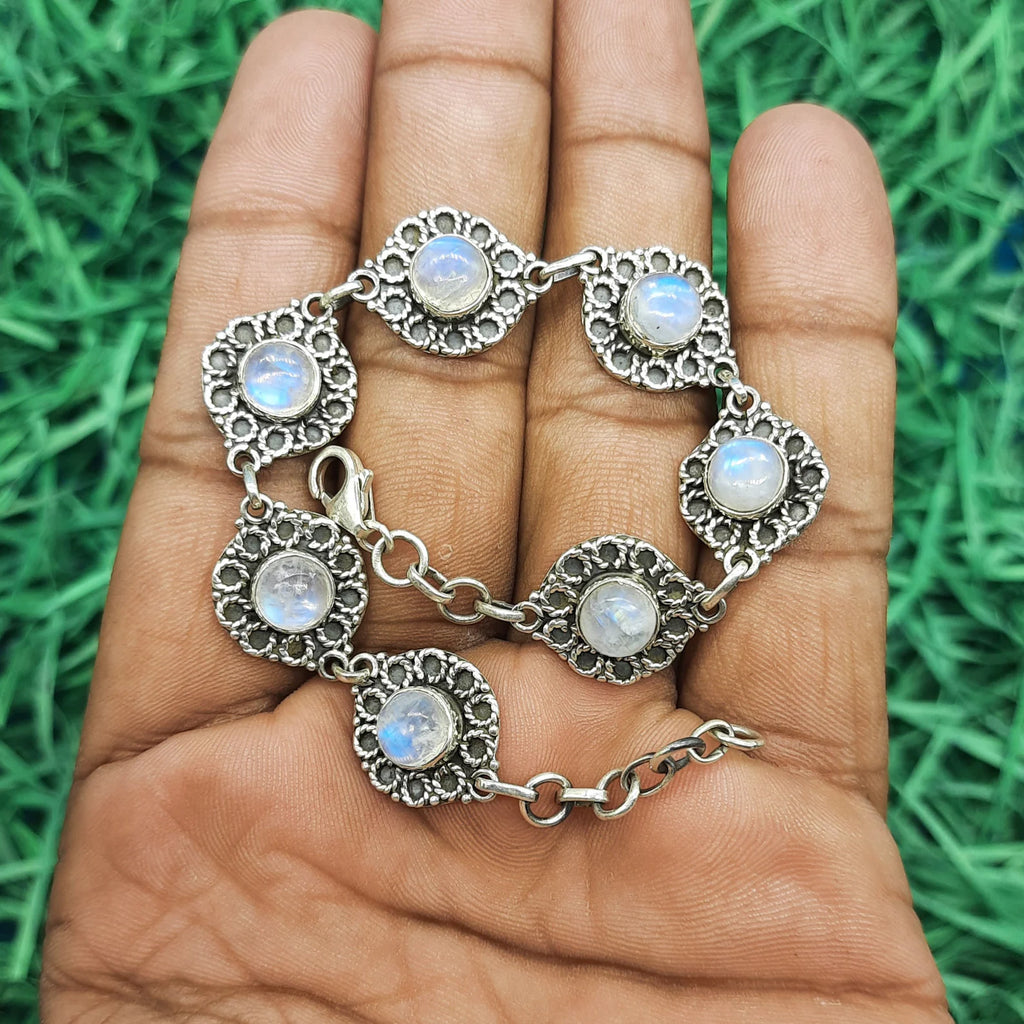 Bohemian Design Vintage 925 Sterling Silver Handmade Rainbow Moonstone Bracelet