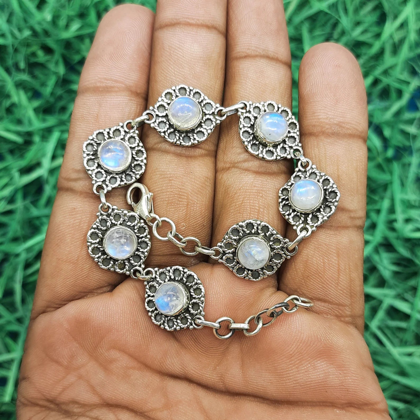Bohemian Design Vintage 925 Sterling Silver Handmade Rainbow Moonstone Bracelet