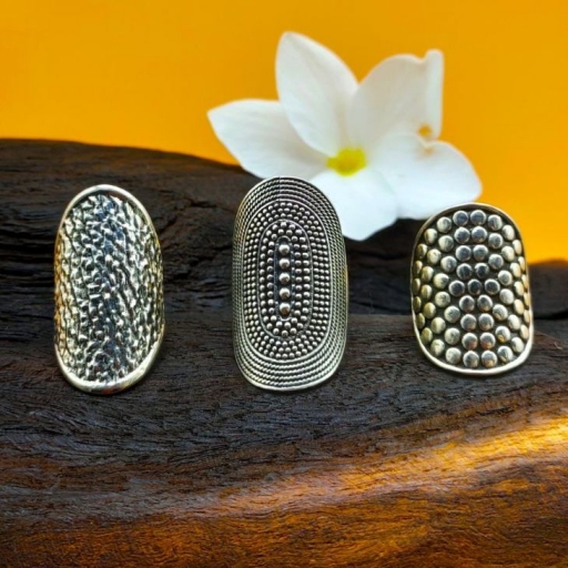 Long Hammered Texture  Design 925 Silver Bohemian Mandala Handmade Ring