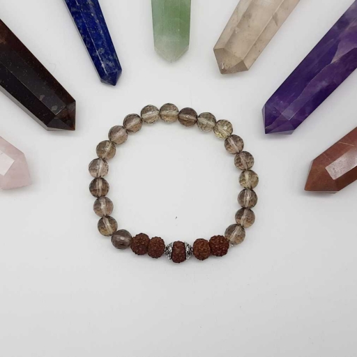 Handmade Designer Natural Smokey Quartz And Rudraksh Gemstone Beaded Bracelet For Yoga And Meditation
