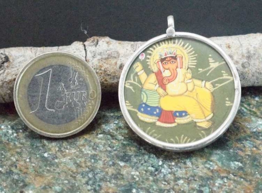 925 Sterling Silver Glass Framed Lord Ganesh Handpainted On Cloth Pendant