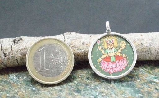 925 Sterling Silver Glass Framed Saraswati  Handpainted On Cloth Pendant