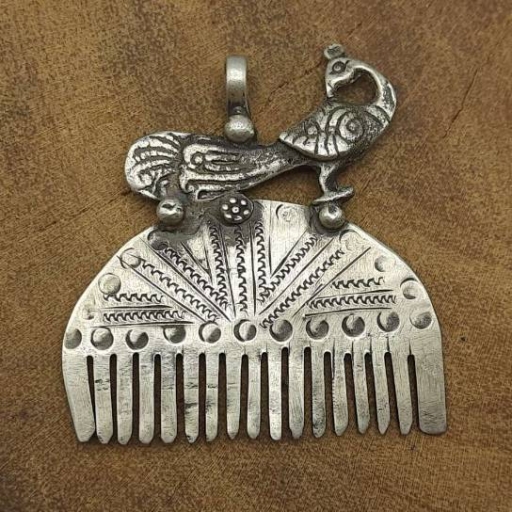 925 Sterling Silver Comb with Peacock Designer Antique Tribal Vintage Pendant