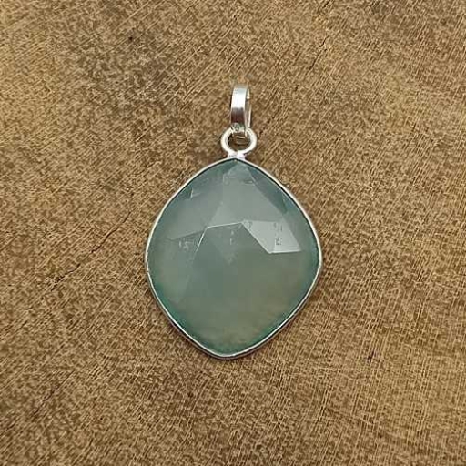 Faceted Aqua Chalcedony Gemstone Quadrilateral Shape 925 Sterling Silver Pendant