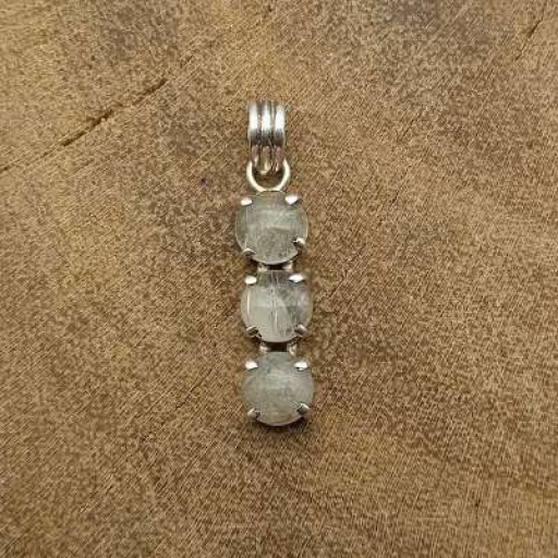 Prong Setting Rutile  Quartz Gemstone Designer  925 Sterling Silver Triple Stone Pendant