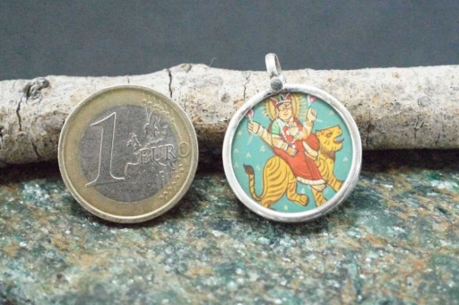 925 Sterling Silver Glass Framed Goddess Saraswati Ganesh Handpainted On Cloth Pendant