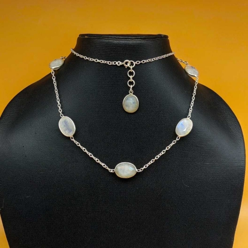 Faceted Rainbow Moonstone & Aqua Chalcedony  Sterling Silver Long Bezel Chain Necklace