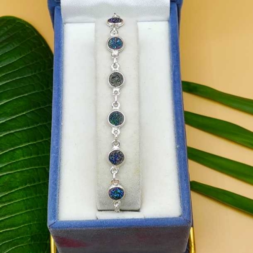Round Shape Titanium Druzy Gemstone Handmade 925 Silver Fine Bezel Bracelet
