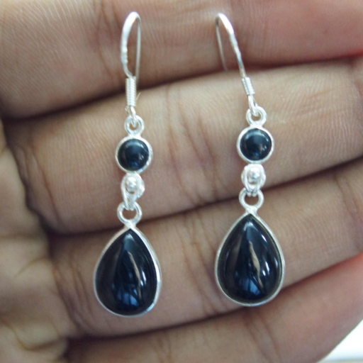 Black Onyx Round And Drop Shape Cabochon 925 Sterling Silver Earring