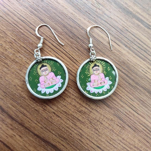 Lord Buddha On Lotus Painting Glass Framed  925 Sterling Silver Earrings