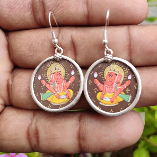 Lord Ganesh Hand painting Glass Framed In 925 Sterling Silver Bohemian Earring