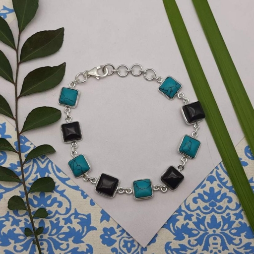 925 Sterling Silver Turquoise , Black Onyx Dual Stone Chain Bracelet