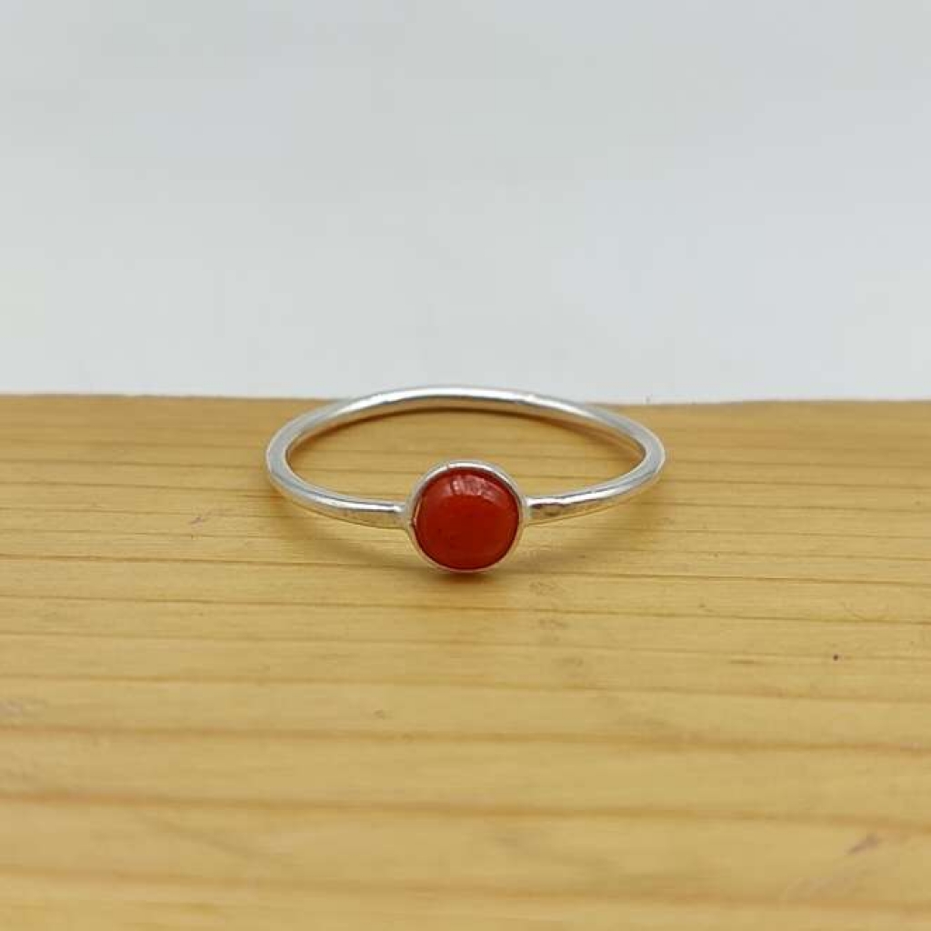 Natural Coral Gemstone 925 Sterling Silver Handcrafted Bezel Ring
