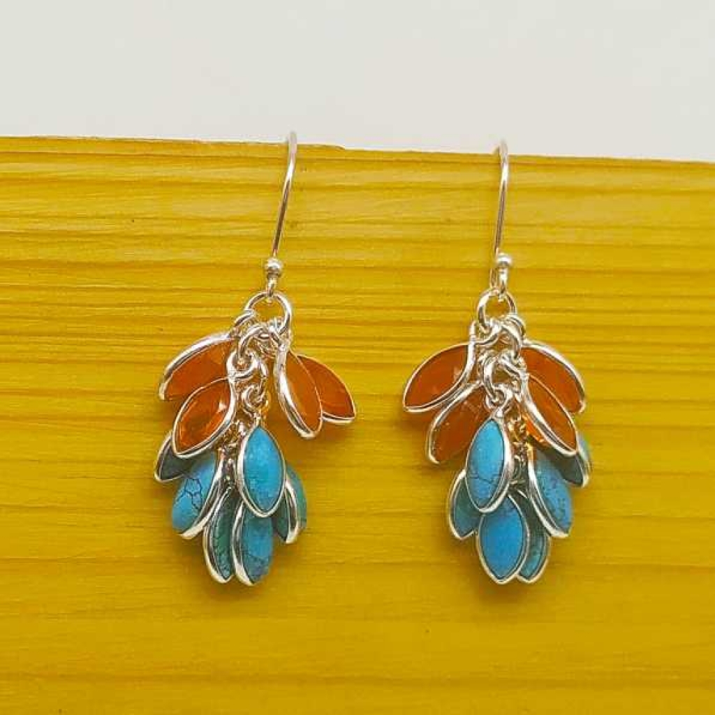 925 Sterling Silver Turquoise And Carnelien Gemstone Earring