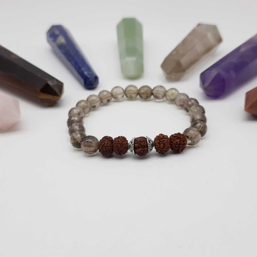 Handmade Designer Natural Smokey Quartz And Rudraksh Gemstone Beaded Bracelet For Yoga And Meditation