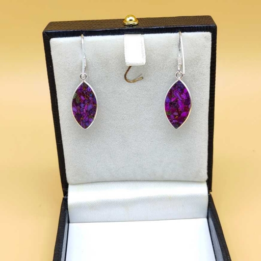 Marquise Shape Purple Copper Turquoise 925 Sterling Silver Handmade Earring