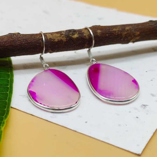 Pink Agate Slice Gemstone Handmade 925 Sterling Silver Earring