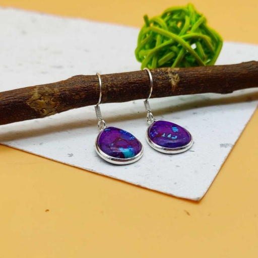 Drop Shape Purple Copper Turquoise Gemstone 925 Sterling Silver Handmade Earring