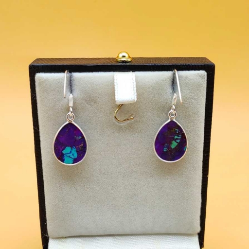 Drop Shape Purple Copper Turquoise Gemstone 925 Sterling Silver Handmade Earring