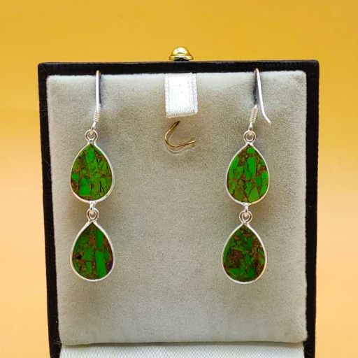 Green Copper Turquoise 925 Sterling Silver Handmade Dual Stone Earring