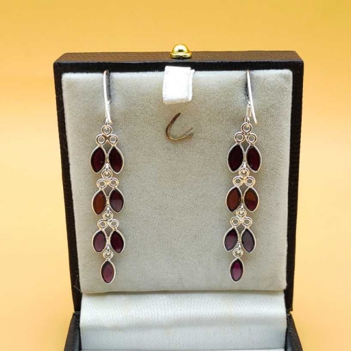 925 Silver Red Garnet Gemstone Handmade Long Bezel Earring
