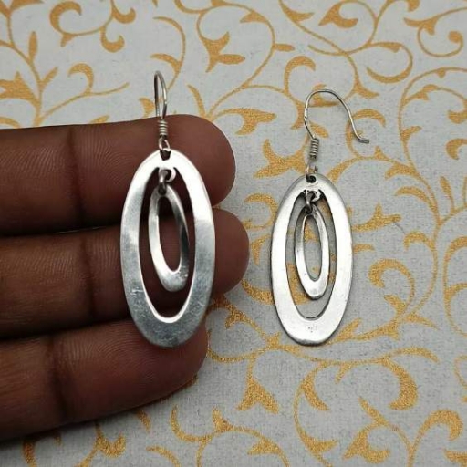 925 Sterling Silver Bohemian Plain Silver Oval Earring Handmade