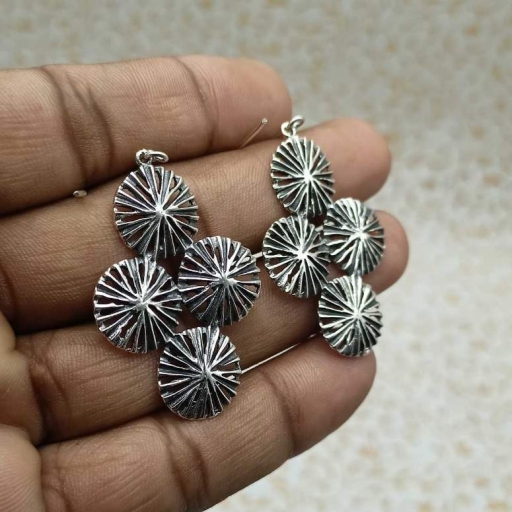 925 Sterling Silver Handmade Lined 4 Round Shape Oxidized Earring
