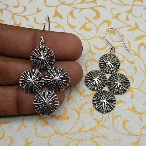 925 Sterling Silver Handmade Lined 4 Round Shape Oxidized Earring