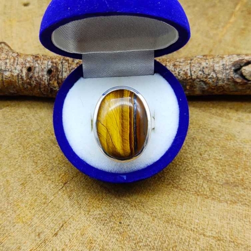 Cabochon Tiger Eye Gemstone Yellow & Black 925 Sterling Silver Ring