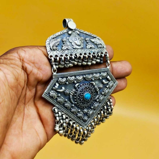 Long Heavy Vintage Antique 925 Sterling Silver Handmade Bohemian Pendant