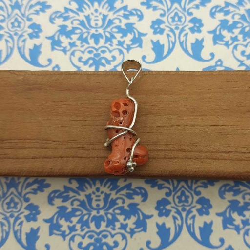 925 Sterling Silver Handmade Wire Pencil Shape Raw Coral Gemstone Pendant
