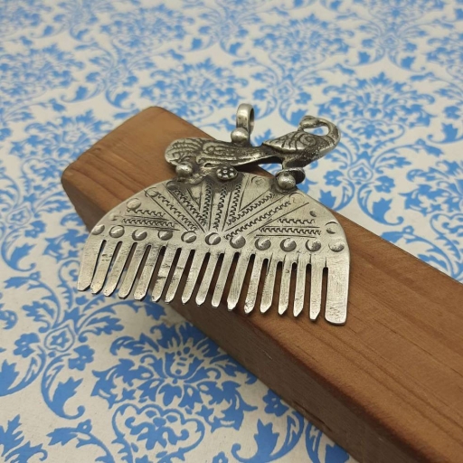 925 Sterling Silver Comb with Peacock Designer Antique Tribal Vintage Pendant