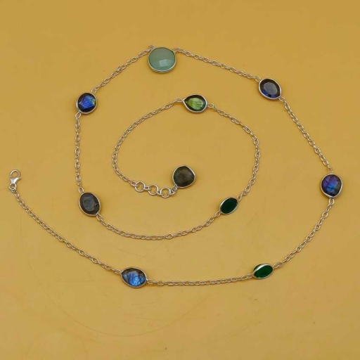Blue Fire Faceted Labradorite Gemstone 925 Sterling Silver Handmade Bezel Chain Necklace