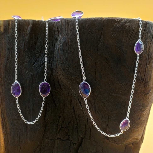Faceted Purple Amethyst Designer Bezel Chain Necklace 925 Sterling Silver