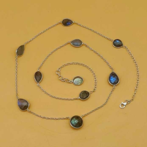 Multi Shape Faceted Labradorite Taple Sterling Silver Chain Necklace Long Necklace