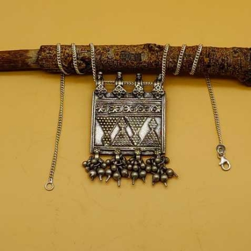 Vintage Old Bohemian Silver Oxidized Temple Jewelry Rectangle Shape Pendant