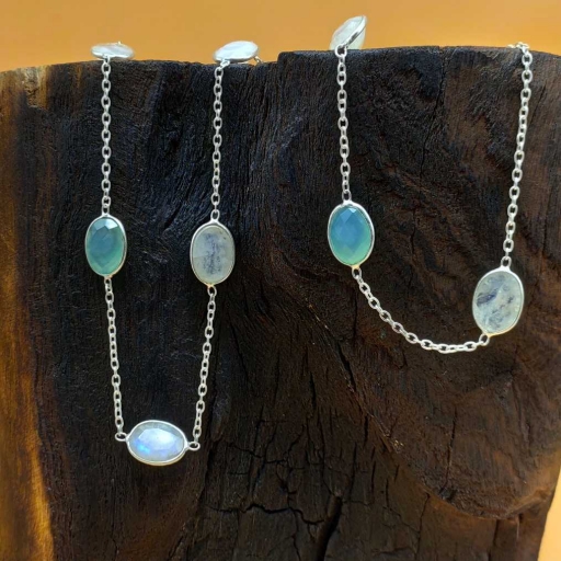 Faceted Rainbow Moonstone & Aqua Chalcedony  Sterling Silver Long Bezel Chain Necklace