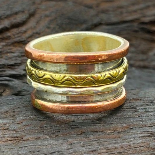 Three Tone 925 Sterling Silver Copper And Brass Band Engraved Band Ring