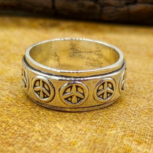925 Sterling Silver Handmade Peace Symbol Bohemian Band Ring