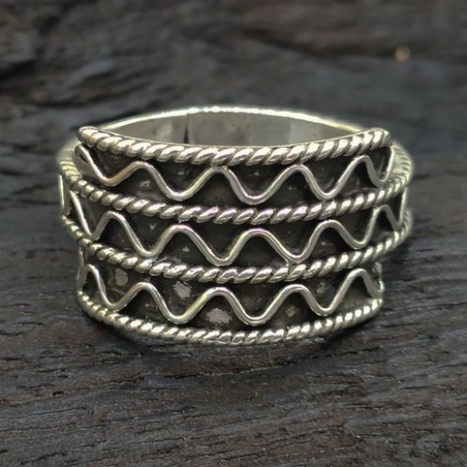 Oxidized 925 Vintage Silver Wave Design Bohemian Band Ring