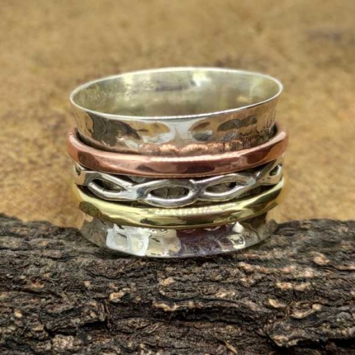 925 Sterling Silver Handmade Bohemian Three Tone Wave Design Spinner Band