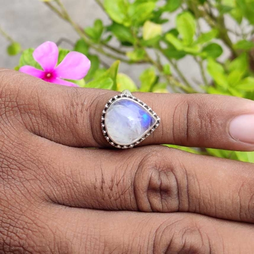 Drop Shape Rainbow Moonstone Handmade 925 Sterling Silver Ring