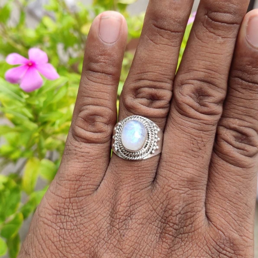 925 Sterling Silver Handmade Rainbow Moonstone Bohemian Ring